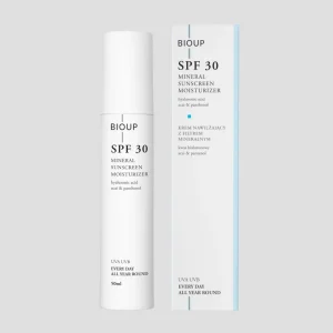 Kosteusvoide, jossa on mineraalisuodatin SPF 30, hyaluronihappo ja provitamiini B5 BIOUP.