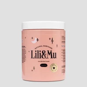 Lili&Mu vuohenmaitokylpyjauhe äideille, jossa on jojobaöljyä ja pantenolia.